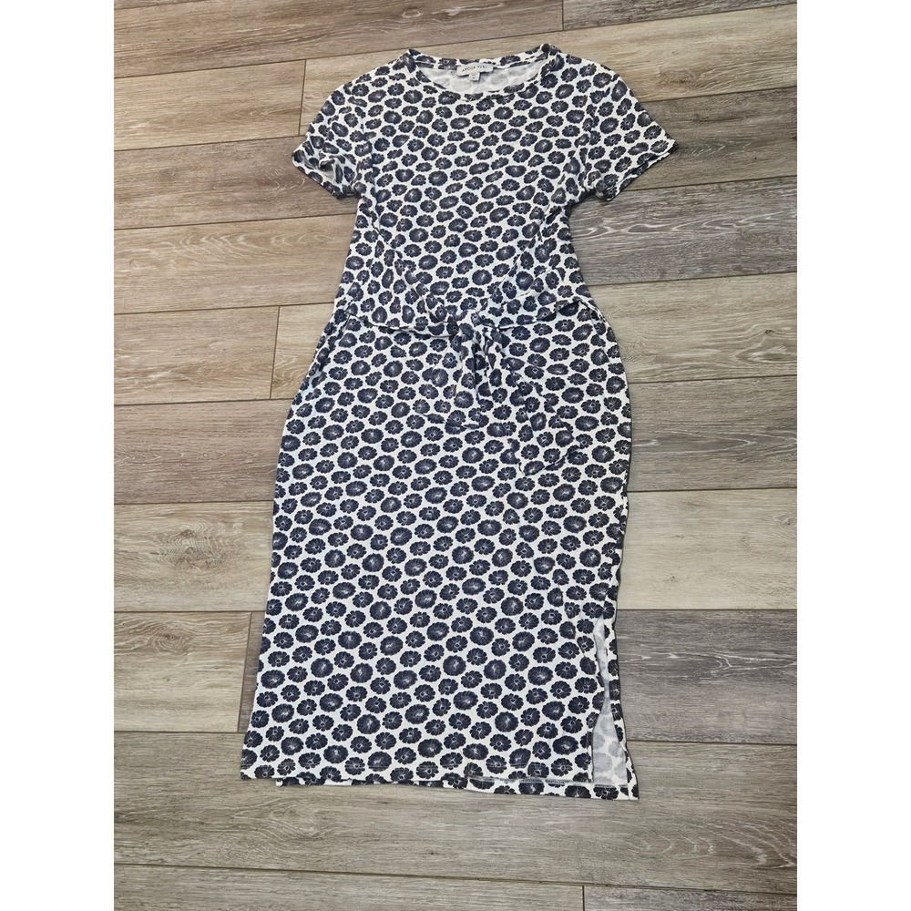 Amour Vert Navy White Floral Tie Front Midi Dress Organic Cotton Modal Size M
